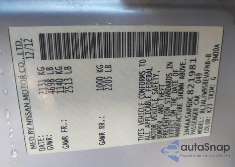 2013 Nissan Maxima 3.5 Sv z USA, uszkodzony, nr VIN 1N4AA5AP6DC821981